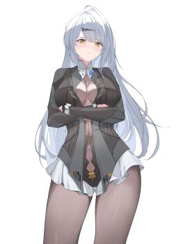 1girl absurdres ahoge arms_under_breasts black_leotard blue_flower blush bodystocking breasts brown_pantyhose commentary covered_navel cowboy_shot crossed_arms english_commentary flower grey_hair hair_ornament hairclip highres large_breasts leotard long_hair long_sleeves looking_at_viewer official_alternate_costume pantyhose parted_lips sifffl simple_background single_hair_intake solo standing very_long_hair white_background yellow_eyes yixuan_(trails_of_ink)_(zenless_zone_zero) yixuan_(zenless_zone_zero) zenless_zone_zero