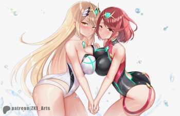 2girls breast_press breasts large_breasts multiple_girls mythra_(radiant_beach)_(xenoblade) mythra_(xenoblade) pyra_(pro_swimmer)_(xenoblade) pyra_(xenoblade) red_eyes red_hair symmetrical_docking xenoblade_chronicles_(series) xenoblade_chronicles_2 yuri z-ki