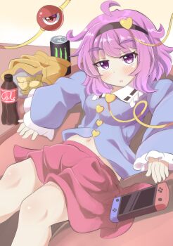 1girl absurdres bag_of_chips black_hairband blouse blue_shirt blush bottle buttons chips_(food) coca-cola cola controller eyeball food frilled_shirt_collar frilled_sleeves frills game_controller hair_ornament hairband heart heart_button heart_hair_ornament highres komeiji_satori looking_at_viewer monster_energy navel nintendo_switch open_mouth pink_skirt potato_chips purple_eyes purple_hair ribbon-trimmed_collar ribbon_trim schinfaxi1996 shirt skirt soda_bottle stomach thick_eyebrows third_eye touhou