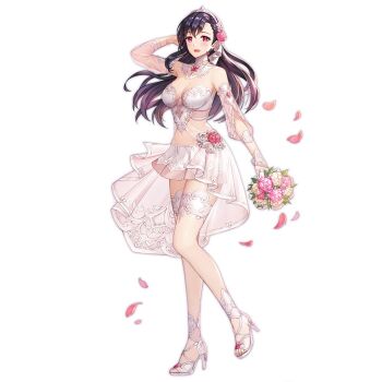 1girl arm_up artist_request bikini bikini_skirt black_hair bouquet breasts bridal_swimsuit bridal_veil bride cleavage commentary commentary_request detached_collar detached_sleeves earrings english_commentary falling_petals floating_clothes floating_hair flower foot_up full_body gem gloves hair_flower hair_ornament hairband hand_in_own_hair high_heels holding holding_bouquet jewelry king&#039;s_raid korean_commentary large_breasts long_hair mixed-language_commentary nontraditional_wedding_dress official_alternate_costume official_art open_mouth petals pink_flower red_eyes red_flower red_gemstone sarong second-party_source see-through_clothes see-through_gloves see-through_sarong see-through_sleeves see-through_thighhighs shoes simple_background smile solo swimsuit talisha_(king&#039;s_raid) thighhighs veil white_background white_bikini white_flower white_gloves white_sarong white_shoes white_sleeves white_thighhighs