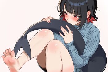 1girl absurdres bamboo_tac barefoot black_hair blue_sweater blush breasts colored_inner_hair commentary_request ellen_joe fins fish_tail highres large_breasts long_sleeves multicolored_hair red_eyes red_hair ribbed_sweater shark_girl shark_tail short_hair simple_background sitting solo sweater tail thighs turtleneck turtleneck_sweater white_background zenless_zone_zero