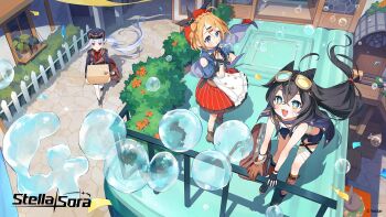 +_+ 3girls :3 :d ahoge animal_ears asymmetrical_gloves bare_shoulders black_gloves black_hair black_hat black_jacket black_shoes blowing_bubbles blue_hair blue_shorts blue_socks box braid brown_gloves bubble_wand buttons carrying closed_mouth collared_shirt commentary copyright_name copyright_notice crown_braid donna_(stella_sora) double-breasted english_commentary floating_hair flower freesia_(stella_sora) frilled_skirt frills gloves goggles goggles_on_head gomzi hair_ornament hairclip hand_on_railing hat heterochromatic_eyewear highres holding holding_box jacket long_hair long_sleeves micro_shorts mismatched_gloves mismatched_socks multicolored_hair multiple_girls official_art one_side_up open_mouth orange_flower orange_hair orange_socks outdoors parallel_hairclips pinstripe_pattern pinstripe_shirt pinstripe_skirt post_haste_(stella_sora) red_shirt red_skirt second-party_source shirt shoes short_hair shorts side_ponytail skirt smile soap_bubbles socks standing stella_sora streaked_hair teresa_(stella_sora) thighhighs tinted_eyewear very_long_hair walking white_socks white_streaks white_thighhighs