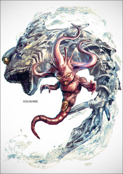 2others blue_eyes clash_(stand) colored_skin commentary_request fins jojo_no_kimyou_na_bouken k-suwabe multiple_others no_humans no_pupils open_mouth partial_commentary pink_skin sharp_teeth simple_background stand_(jojo) tail talking_head_(stand) teeth tentacle_hair tentacles vento_aureo water white_background yellow_eyes