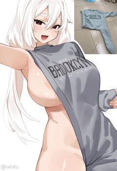1girl asymmetrical_clothes blush breasts brown_eyes commentary english_commentary grey_sweater highres iwbitu long_hair meme nyopu open_mouth original photo_inset reference_inset sideboob signature simple_background sweater white_background white_hair
