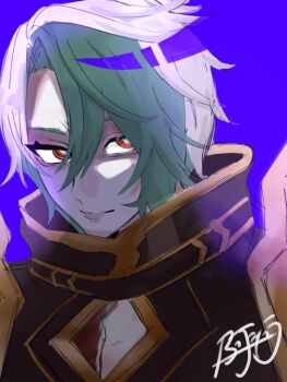 1boy artist_request black_coat closed_mouth coat deus_prometheus_(grimms_notes) green_hair grimms_notes male_focus purple_background red_eyes simple_background smile solo source_request upper_body