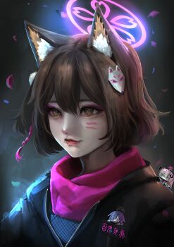 3girls animal_ear_fluff animal_ears black_jacket blue_archive breast_pocket brown_eyes brown_hair chibi chibi_on_shoulder closed_mouth commentary_request dark_background eyeshadow facial_mark fang fishnets fox_ears fox_girl fox_hair_ornament grey_hair hair_ornament halo highres izuna_(blue_archive) jacket korean_commentary lips makeup michiru_(blue_archive) mini_person minigirl multiple_girls name_tag partially_unzipped pink_eyeshadow pink_halo pink_scarf pocket pom_pom_(clothes) pom_pom_hair_ornament portrait purple_hair rope scarf shimenawa short_hair syk tsukuyo_(blue_archive) whisker_markings zipper