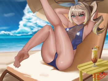 Rule 34 | 1girl, barefoot, beach, blonde hair, blue eyes, chair, clenched teeth, cocktail glass, cup, drinking glass, feet, footjob, fos1x, girls' frontline, girls' frontline 2: exilium, hairband, highres, light blush, long hair, lounge chair, parasol, sharkry (girls' frontline 2), side ponytail, soles, teeth, toes, umbrella