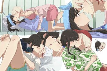 2girls baseball_cap black_hair blonde_hair blue_cardigan blue_dress blue_shorts blush cardigan character_doll closed_eyes commentary commission doll dress english_commentary eye_contact fafayu french_kiss hat highres hug inoue_takina kiss long_hair looking_at_another low_twintails lycoris_recoil lycoris_uniform lying multiple_girls nishikigi_chisato on_back pillow pink_cardigan pink_hair purple_eyes red_eyes red_hat second-party_source shirt short_hair shorts sidelocks tongue twintails white_shirt yuri