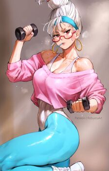 1980s_fashion 1girl artist_name ayase_seiko bare_shoulders beehive_hairdo blue_leggings breasts commentary cropped_sweater dandadan dumbbell earrings english_commentary exercising from_side glasses grey_hair highleg highleg_leotard highres holding holding_dumbbell hoop_earrings jewelry large_breasts leg_warmers leggings leotard looking_at_viewer mature_female mouth_hold off-shoulder_sweater off_shoulder patreon_username pink_sweater red-framed_eyewear red_eyes robusta_mania semi-rimless_eyewear shoes sneakers solo standing standing_on_one_leg steaming_body sweat sweatband sweater toned toned_female under-rim_eyewear white_leotard white_shoes