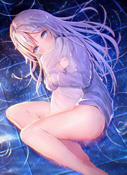 Rule 34 | 1girl, absurdres, barefoot, blue eyes, closed mouth, commentary request, eyelashes, foot out of frame, furrowed brow, grey hair, hair ornament, highres, holding, holding pillow, hugging object, long hair, long sleeves, looking at viewer, lying, millkoi, on side, original, pillow, shirt, sleeve cuffs, sleeves past wrists, solo, starry floor, tearing up, thighs, tile floor, tiles, white shirt, x hair ornament