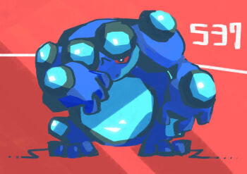 commentary_request full_body gen_5_pokemon highres nintendo no_humans pokedex_number pokemon pokemon_(creature) pokemon_focus red_background rubbing_eyes seismitoad solo suke_(sk_srn)