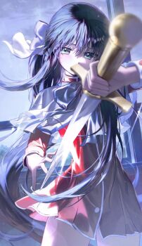 1girl black_hair blue_bow blue_trim bow bowtie capelet dress green_eyes hair_bow highres holding holding_sword holding_weapon kanon kawasumi_mai long_hair ponytail ppru red_dress school_uniform solo sword weapon white_bow white_capelet