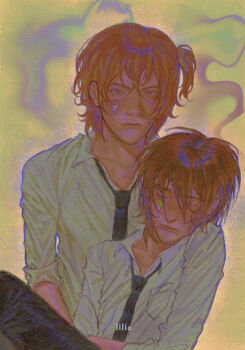 2boys absurdres blush brown_hair closed_mouth highres l1lae lips looking_at_viewer male_focus medium_hair multiple_boys mushroom necktie one_side_up orange_hair pocket realistic shirt sticker sticker_on_face toono_takashi white_shirt yaguchi_kyousuke yarichin_bitch-bu