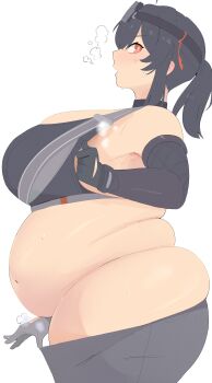 1girl absurdres ass belly breasts choker clothes_pull fat fat_woman female_focus from_side gloves goggles grace_howard highres huge_ass huge_breasts looking_at_viewer medium_hair napolitane navel pants pants_pull ponytail red_eyes solo steam sweat thick_thighs thighs zenless_zone_zero