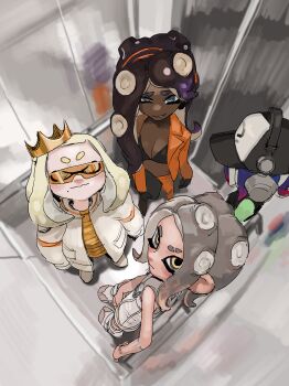 4girls absurdres agent_8_(splatoon) bare_shoulders baseball_cap black_bra black_gloves black_hat black_shirt blonde_hair blue_eyes blue_hair bra breasts cephalopod_eyes cleavage closed_mouth colored_skin colored_tips computer crown dark-skinned_female dark_skin dedf1sh dray_(meerkat_dray) dress elevator eyebrow_cut female_focus forehead from_above full_body gloves green_skin happy hat headphones highres holding holding_laptop indoors inkling jacket jumpsuit laptop long_sleeves looking_at_viewer looking_up marina_(splatoon) medium_breasts medium_hair mini_crown mole mole_under_mouth multicolored_hair multiple_girls nintendo no_shirt octoling octoling_girl octoling_player_character open_clothes open_jacket orange_crown orange_dress orange_jacket orange_pants oversized_jacket pants parted_lips pearl_(splatoon) purple_hair shirt shoes sidelocks sleeveless sleeveless_shirt smile splatoon_(series) splatoon_3 splatoon_3:_side_order standing suction_cups tentacle_hair tentacles tilted_headwear two-tone_hair underwear white_jacket white_jumpsuit white_shoes yellow_eyes