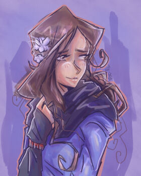 1girl black_scarf blush brown_eyes brown_hair closed_mouth commentary english_commentary eyelashes flower garbageknight29003 hair_flower hair_ornament highres kurashiki_akane kyokugen_dasshutsu kyokugen_dasshutsu:_9_jikan_9_nin_9_no_tobira long_hair long_sleeves messy_hair purple_background scarf solo upper_body