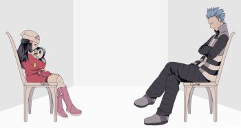 1boy 1girl bird black_hair black_pants black_sweater blue_hair boots character_name coat commentary crossed_arms crossed_legs cyrus_(pokemon) dawn_(pokemon) dress facing_another gen_4_pokemon grey_coat grey_shoes hair_slicked_back haiyoku13 hat headscarf high_collar highres holding holding_pokemon leaning_back looking_at_another looking_down medium_hair nintendo no_eyebrows pants penguin pink_boots piplup pokemon pokemon_(creature) pokemon_dppt red_dress red_sweater shirt shoes striped_clothes striped_pants striped_shirt sweater thighhighs white_background white_hat white_headscarf white_thighhighs