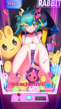 1girl absurdres ahoge animal_ear_fluff animal_ear_piercing animal_ears aqua_hair bandaid bandaid_on_leg barefoot black_choker blonde_hair blush bow breasts cat_ears cat_girl cat_tail character_doll character_name choker cleavage collarbone commentary crane_game crossed_bandaids doll english_text eyelashes eyewear_on_head feet glasses green_hair hair_bun highres honeybun_(rosedoodle) in_crane_game jacket kaminose_(user_veum4325) long_hair multicolored_hair one_eye_closed open_clothes open_jacket pink_bow pink_eyes pink_hair rosedoodle_(vtuber) round_eyewear side_ponytail sitting sleeve_bow sleeves_past_fingers sleeves_past_wrists smile soles solo sparkle star_(symbol) streaked_hair stuffed_animal stuffed_toy tail tail_bow tail_ornament thigh_strap toes vchiban virtual_youtuber