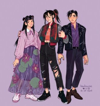 1girl 2boys alt_text alternate_costume alternate_hair_length alternate_hairstyle alternate_universe artist_name black_eyes black_hair black_jacket black_pants black_shoes brother_and_sister brothers brown_shoes closed_mouth collared_shirt commentary crop_top double_bun english_commentary family floral_print flower frown full_body hair_bun hair_flower hair_ornament hair_ribbon hawberries jacket jiang_cheng jiang_yanli knit_sweater layered_skirt leather leather_jacket letterman_jacket long_hair long_sleeves looking_at_viewer lotus_print modao_zushi multiple_boys open_mouth pants pink_flower ponytail purple_background purple_flower purple_shirt purple_skirt purple_sweater purple_theme red_ribbon red_shirt ribbon see-through_skirt_layer shirt shoes short_hair siblings simple_background skirt smile sneakers standing sweater torn_clothes torn_pants wei_wuxian white_shoes