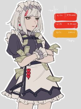 1girl apron asym00 banknote belt black_belt black_dress blunt_bangs brown_eyes buttons character_request choker closed_mouth commentary_request copyright_request cowboy_shot crossed_arms dollar_bill dress earrings eyeshadow frills grey_choker half-closed_eyes heart heart_choker heart_earrings heart_ornament highres jewelry lips looking_afar maid maid_headdress makeup money multicolored_hair puffy_short_sleeves puffy_sleeves purple_eyeshadow red_hair short_hair short_sleeves solo standing streaked_hair waist_apron white_apron white_hair wrist_cuffs yen_sign