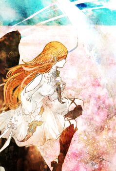 1girl breasts copyright_name dagger dress dual_wielding final_fantasy final_fantasy_xiv hair_ribbon holding holding_weapon hyur knife long_hair long_sleeves medium_breasts orange_hair pink_ribbon ribbon ruka_(blueplus84) ryne_waters sitting solo twitter_username weapon white_dress