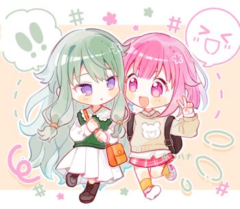 ! !! >_< 2girls :d :o absurdly_long_hair animal_print backpack bag bear_print black_bag black_boots blush boots brown_sweater buttons center-flap_bangs chibi chibi_only chinese_commentary cohana collared_shirt commentary_request double-parted_bangs eye_contact flower flying_sweatdrops frilled_shirt_collar frills full_body green_flower green_hair green_sweater_vest hair_between_eyes hair_flaps hair_tie hand_up hashtag holding holding_bag knee_boots kneehighs knees_together_feet_apart kusanagi_nene lace-up_boots layered_sleeves letterboxed long_hair long_sleeves looking_at_another low-tied_sidelocks medium_skirt miniskirt multiple_girls no_pupils ootori_emu open_mouth orange_background orange_bag orange_socks outline outside_border pale_skin pencil_skirt pink_eyes pink_flower pink_hair pink_skirt plaid_clothes plaid_skirt pleated_skirt project_sekai puffy_long_sleeves puffy_sleeves purple_eyes shirt short_hair shoulder_bag sidelocks simple_background skirt smile socks spoken_exclamation_mark spoken_expression standing standing_on_one_leg sweater sweater_vest tareme thigh_gap tsurime v very_long_hair white_outline white_shirt white_skirt