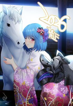 1girl blue_hair blush closed_mouth floral_print flower hair_flower hair_ornament happy_new_year horse japanese_clothes kimono long_sleeves looking_at_viewer new_year obi one_eye_closed onigirikun original pink_kimono print_kimono red_eyes ribbon sash short_hair signature smile solo wide_sleeves