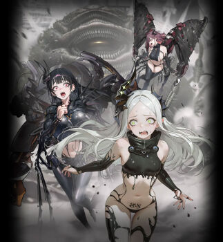 3girls above-cleavage_cutout armor bare_shoulders behemoth_(nikke) belt bikini black_armor black_bikini black_bodysuit black_gloves black_hair black_horns black_lips black_liquid black_nails blunt_bangs bodysuit boobplate breastplate breasts bridal_gauntlets chest_belt clenched_hand clothing_cutout commentary_request dramz ear_piercing earclip elbow_gloves fleeing forehead gloves goddess_of_victory:_nikke green_eyes grey_hair groin hair_between_eyes hair_over_one_eye highres horns large_breasts latex latex_bikini leviathan_(nikke) liquid_clothes long_hair monster multiple_girls navel o-ring o-ring_belt official_art one_side_up open_mouth parted_bangs piercing pink_hair pointy_ears pubic_tattoo rapture_(nikke) red_eyes rigging sharp_teeth sideboob sidelocks single_horn small_breasts stomach sweat swimsuit tattoo teeth tongue_piercing turtleneck very_long_hair ziz_(nikke)