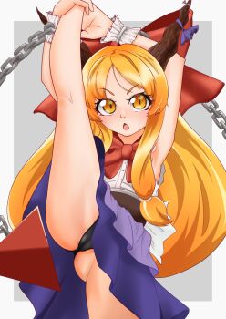 1girl armpits arms_up belt black_panties bow bowtie brown_belt brown_horns buttons cameltoe chain commentary_request feet_out_of_frame female_focus flat_chest grey_background hair_bow highres horn_bow horn_ornament horns ibuki_suika kurohiba long_hair looking_at_viewer open_mouth orange_eyes orange_hair panties partially_visible_vulva purple_bow purple_skirt pyramid_(geometry) red_bow red_bowtie shirt skirt sleeveless sleeveless_shirt solo split standing standing_on_one_leg standing_split touhou two-tone_background underwear variant_set very_long_hair white_background white_shirt wrist_cuffs
