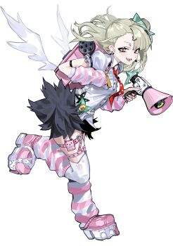 1girl absurdres black_skirt chinatsu_remiel commentary_request earrings from_side full_body fur-trimmed_skirt fur_trim green_eyes green_hair hair_ornament heart heart_hair_ornament highres holding holding_megaphone jewelry kazukingu leg_up leg_warmers looking_at_viewer megaphone multiple_thigh_straps musical_note_earrings necktie open_mouth pink_arm_warmers pink_bag pink_leg_warmers pink_shoes red_necktie shirt shoes simple_background skirt solo striped_arm_warmers striped_leg_warmers thigh_strap thighhighs torn_clothes torn_thighhighs white_background white_shirt white_thighhighs white_wings winged_bag wings zenless_zone_zero