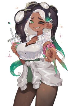 1girl alternate_costume black_bra black_hair bra breasts cleavage commentary_request cup dark-skinned_female dark_skin gradient_hair green_eyes green_hair green_skirt grin gyaru gyaru_v highres holding holding_cup jacket large_breasts long_hair looking_at_viewer marina_(splatoon) mole mole_under_mouth multicolored_hair nintendo one_eye_closed shirt skirt smile solo splatoon_(series) tentacle_hair tied_jacket togetoge two-tone_hair underwear v white_shirt