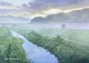 abe_toshiyuki artist_name cloud cloudy_sky commentary_request day fog forest highres mountain nature no_humans original outdoors painting_(medium) scenery sky stream traditional_media watercolor_(medium)