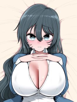 1girl black_eyes black_hair blue_jacket blush breasts bursting_breasts cleavage commentary_request covered_erect_nipples hair_between_eyes hands_on_own_chest highres huge_breasts jacket long_hair long_sleeves looking_at_viewer office_lady open_clothes open_jacket shirt solo sweat unbuttoned unbuttoned_shirt white_shirt zurikishi