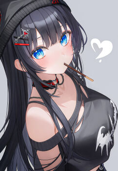1girl alternate_costume armpit_crease bare_shoulders beanie black_choker black_hair black_hat black_shirt blue_eyes breasts choker commentary crop_top crop_top_overhang food food_in_mouth funii grey_background hair_ornament hairclip hat heart highres large_breasts long_hair looking_at_viewer looking_to_the_side midriff mouth_hold off-shoulder_shirt off_shoulder pocky pocky_day pocky_in_mouth shirayuki_hina shirt simple_background solo stellive torn_clothes torn_shirt upper_body virtual_youtuber