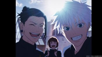 :d ^_^ aged_down black_hair black_jacket blue_eyes brown_hair clapping closed_eyes cloud commentary_request copyright_notice curtained_hair ear_piercing getou_suguru gojou_satoru highres ieiri_shoko jacket jujutsu_kaisen jujutsu_tech_uniform official_art open_mouth piercing pillarboxed short_hair sky smile studio_mappa sun sunlight teeth upper_body white_hair