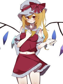 Rule 34 | 1girl, absurdres, ascot, blonde hair, blush, bow, cowboy shot, crystal, crystal wings, detached sleeves, embodiment of scarlet devil, flandre scarlet, flying sweatdrops, hat, hat ribbon, highres, looking at viewer, midriff, miraruuts1231, mob cap, navel, red eyes, red ribbon, red skirt, red vest, ribbon, shirt, short sleeves, side ponytail, simple background, skirt, solo, sweat, thighs, touhou, vest, white background, white hat, wings, yellow ascot