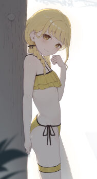 1girl :3 absurdres against_tree bikini black_ribbon blonde_hair blurry blurry_foreground braid breasts cleavage commentary depth_of_field fujita_kotone gakuen_idolmaster hair_ribbon highres idolmaster long_hair looking_to_the_side ribbon ruffle_bikini ruha_(ruha12haru) side-tie_bikini_bottom small_breasts smile solo stomach swimsuit thigh_strap tree twin_braids yellow_bikini yellow_eyes