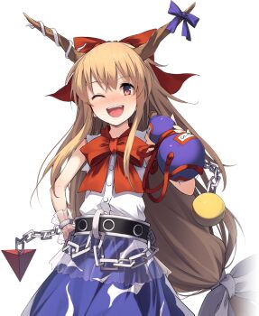 1girl artist_request ball_and_chain_restraint blonde_hair blush bow bowtie brown_horns chain cuffs drunk game_cg gourd hair_bow hand_on_own_hip horn_bow horn_ornament horns ibuki_suika labyrinth_of_touhou_(series) labyrinth_of_touhou_2 long_hair official_art one_eye_closed oni open_mouth purple_skirt red_bow red_bowtie shackles shirt skirt smile solo third-party_source touhou transparent_background very_long_hair white_shirt