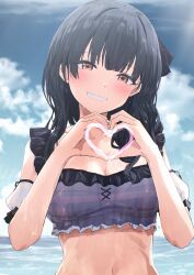Rule 34 | 1girl, absurdres, bikini, black bow, black hair, blunt bangs, blush, bow, breasts, brown eyes, cleavage, cloud, cloudy sky, collarbone, cross-laced bikini, cross-laced clothes, detached sleeves, dot nose, drawn heart, eyes visible through hair, frilled bikini, frills, grin, hair over shoulder, hands up, head tilt, heart, heart hands, highres, idolmaster, idolmaster shiny colors, large breasts, long hair, looking at viewer, mayuzumi fuyuko, misaki nonaka, navel, ocean, open mouth, outdoors, plaid, plaid bikini, purple bikini, raised eyebrows, sky, smile, solo, sunlight, swimsuit, thick eyelashes, upper body, wavy hair, wet, white sleeves