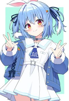 1girl absurdres animal_ears blue_hair blue_jacket blue_necktie blue_ribbon blush border buttons carrot_hair_ornament choker closed_mouth collarbone cowboy_shot double_w dress food-themed_hair_ornament fur-trimmed_sleeves fur_trim green_background hair_ornament hair_ribbon hands_up highres hololive jacket kaie long_sleeves looking_at_viewer multicolored_hair necktie open_clothes open_jacket outside_border rabbit_ears rabbit_girl red_eyes ribbon sailor_collar sailor_dress short_hair short_necktie simple_background smile solo streaked_hair thick_eyebrows twintails usada_pekora usada_pekora_(casual) virtual_youtuber w white_border white_choker white_dress white_sailor_collar white_streaks