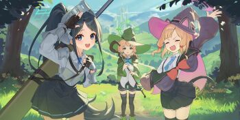 3girls animal_ear_headphones animal_ears aris_(blue_archive) arm_armor arm_up armor black_gloves black_hair black_shorts black_skirt black_thighhighs blonde_hair blue_archive blue_halo blue_necktie bow breastplate castle cat_ear_headphones cat_ears cat_tail closed_eyes cloud coat coat_partially_removed collared_shirt commentary_request cuirass fake_animal_ears fake_tail game_development_department_(blue_archive) gloves green_bow green_hair green_halo green_ribbon hair_ribbon halo hat headphones helmet hill holding holding_staff holding_weapon huge_weapon lifted_by_tail long_hair long_sidelocks low-tied_sidelocks midori_(blue_archive) momoi_(blue_archive) multiple_girls necktie off_shoulder ojisan_kamo_shiremasen open_mouth path pink_halo pink_hat pleated_skirt rectangular_halo red_ribbon ribbon ringed_eyes road salute scabbard sheath shirt shorts shoulder_armor siblings sidelocks sisters skirt staff sword sword_on_back tail teeth thighhighs tree twins upper_teeth_only very_long_hair very_long_sidelocks weapon weapon_on_back white_shirt witch_hat