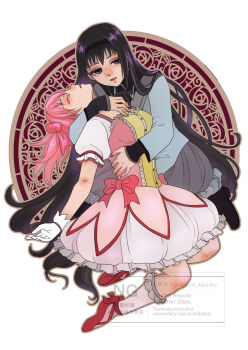 Rule 34 | 2girls, akemi homura, akemi homura (magical girl), amado kashimu, black eyes, black hairband, bow, closed eyes, commentary request, dress, gloves, grey skirt, hairband, highres, hug, kaname madoka, kaname madoka (magical girl), long hair, mahou shoujo madoka magica, mahou shoujo madoka magica (anime), multiple girls, parted lips, pink bow, pink dress, pink hair, pink socks, purple hair, red shoes, shoes, short twintails, skirt, socks, twintails, white gloves, yuri