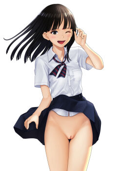 1girl :d black_eyes black_hair blush breast_pocket buttons cleft_of_venus collared_shirt highres long_hair maburu_(lojyq1eur3e8bit) neckerchief no_panties one_eye_closed open_mouth original pocket pussy school_uniform shirt shirt_tucked_in short_sleeves simple_background smile solo striped_neckerchief thigh_gap uncensored white_background white_shirt wind wind_lift wink