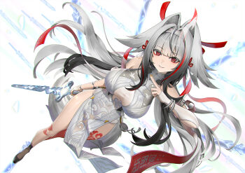 1girl alternate_form animal_ear_fluff breasts china_dress chinese_clothes commentary dress gradient_hair grin headband highres horns large_breasts leg_tattoo multicolored_hair qingming_sword red_eyes single_horn sleeveless smile streaked_hair sunkilow tattoo white_background white_hair ye_shunguang zenless_zone_zero