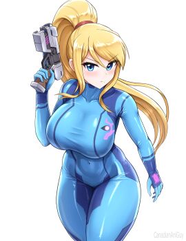 1girl blonde_hair blue_bodysuit blue_eyes bodysuit breasts canadiananiguy closed_mouth collarbone covered_navel gun high_ponytail highres holding holding_gun holding_weapon large_breasts long_hair metroid nintendo paralyzer ponytail samus_aran solo v-shaped_eyebrows very_long_hair weapon zero_suit