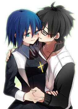 1boy 1girl black_hair blue_eyes blue_hair ciel_(tsukihime) closed_eyes commentary_request copyright_request couple hetero hug nekoda_kuro nun short_hair smile tohno_shiki tsukihime