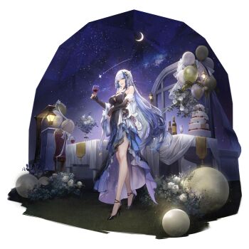 Rule 34 | 1girl, artist request, balloon, blue eyes, blue hair, bottle, breasts, cake, chair, champagne flute, check artist, cleavage, crescent moon, cup, detached sleeves, dress, drinking glass, evening gown, flower, food, game cg, girls' frontline, girls' frontline neural cloud, high heels, highres, hubble (ever-radiant star) (neural cloud), hubble (neural cloud), lantern, layer cake, moon, night, night sky, official alternate costume, official art, outdoors, porafree, shooting star, side slit, sky, star (sky), starry sky, tablecloth, third-party source, white flower, wine bottle, wine glass