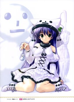 00s 1girl 2007 :| absurdres closed_mouth detached_sleeves dress female_focus fur_trim green_eyes hat highres komatsu_eiji lolita_fashion purple_hair shoes sitting skirt snowman solo umbrella wariza white_dress white_skirt