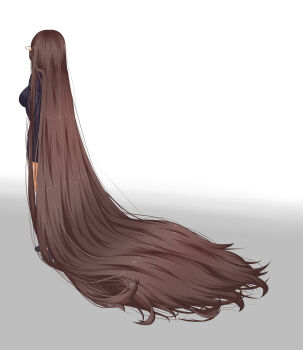 Rule 34 | 1girl, absurdly long hair, absurdres, bebekp, breasts, brown hair, commission, fate/apocrypha, fate (series), formal clothes, from behind, full body, gradient background, hair flowing over, hair focus, highres, jacket, large breasts, long hair, pointy ears, semiramis (fate), simple background, skirt, skirt suit, solo, standing, suit, suit jacket, very long hair