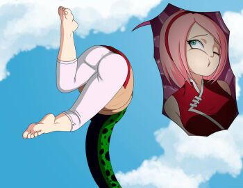 Rule 34 | 1girl, absorption, ass, barefoot, boruto: naruto next generations, boruto (series), cell (dragon ball), cheek squash, crossover, defeat, dragon ball, dragonball z, elmonais, feet, foot focus, haruno sakura, helpless, internal view, naruto (classic), naruto (series), pink hair, sky, soles, tail vore, thighs, toes, vore, wince